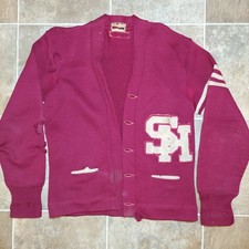 Vtg 1950s Dehen Wool Letterman Varsity Cardigan Sweater Burgundy Distressed L XL