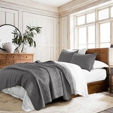 100 Cotton Quilt Set King Size, Dark Grey Pre-Washed 3-Piece Bedspread Coverlet