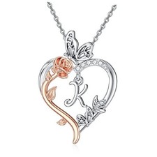 Gifts for Women Her 925 Sterling Silver Rose Heart Initial Necklace K Initial