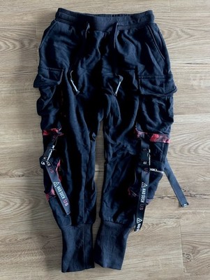 Hose Streetwear Techwear HipHop Jogger Schwarz Cargo Combat Camo Rot Schnallen S