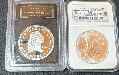 Silver round 1 Troy oz Flowing Hair Proof & Canada Maple 🍁Leaf 100% Pure Silver