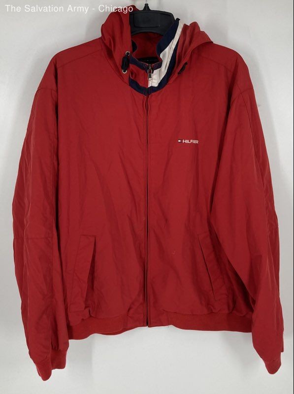 Tommy Hilfiger Mens Red Long Sleeve Hooded Pockets Windbreaker Jacket Size XL