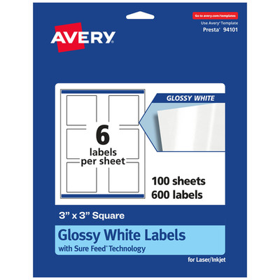 Avery Square Labels Sure Feed Technology 3 X 3 600 Glossy White Labels 36484