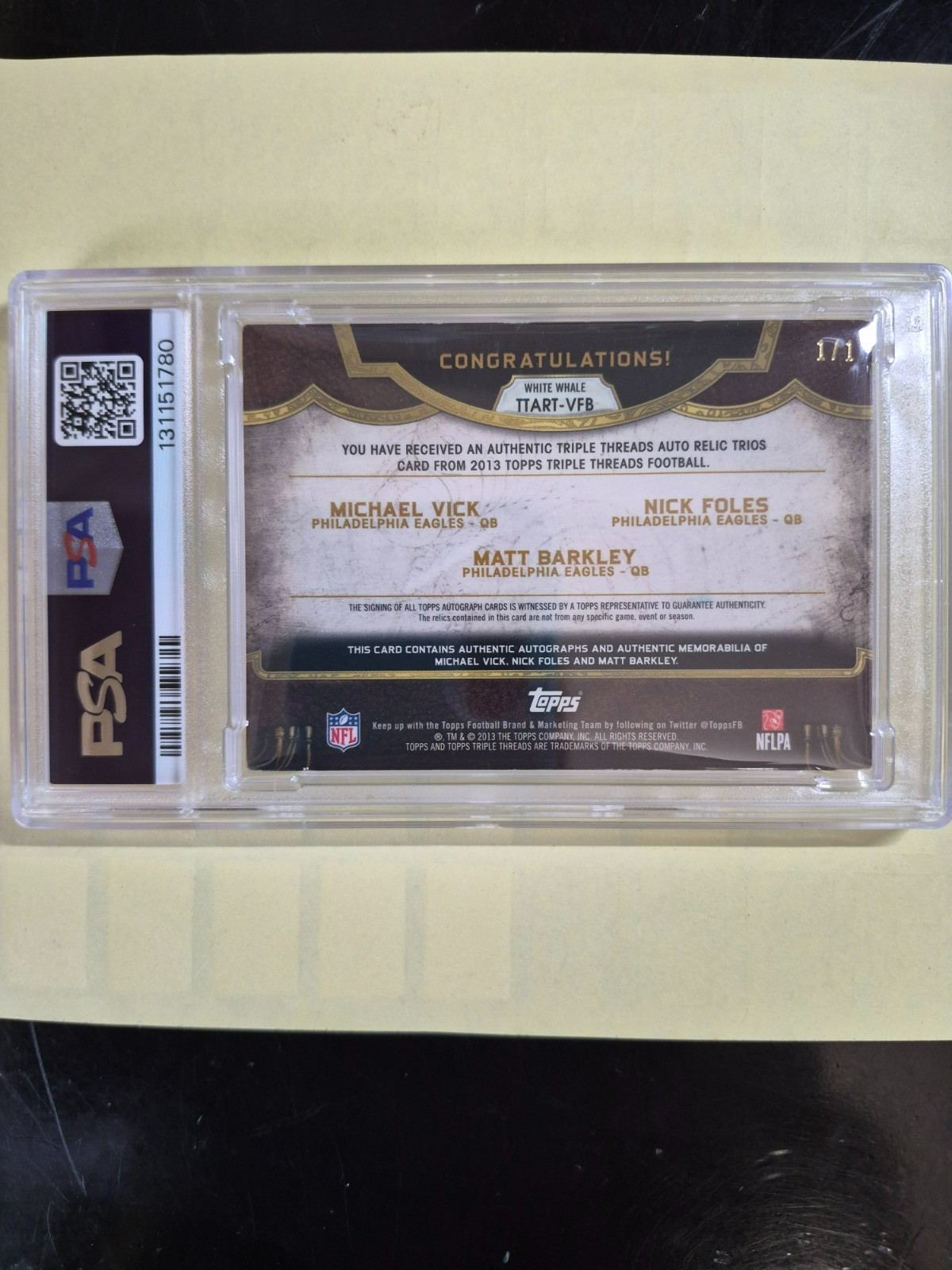 2013 TOPPS VICK FOLES BARKLEY - WHITE WHALE 1/1 TRIPLE AUTO/JERSEY PSA EAGLES QB view 2