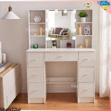 Vanity Set with Led Lights Mirror Makeup Desk Dressing Dresser Table 7 Drawers