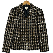Talbots Tweed Blazer Womens 14 Black Tan Boucle Jacket Wool Blend Classic Lined