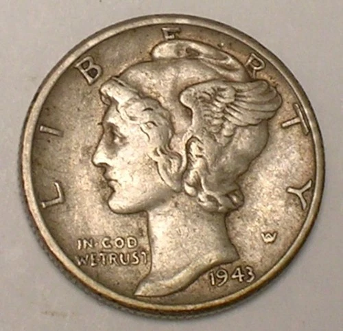 1943 Mercury Winged Head Dime 10 Cents Silver Coin VF+