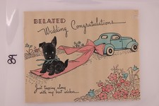 1940s Belated Wedding Congratulations Dog Car Ribbon Rust Craft Vintage Greeting