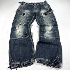 Mens Y2K Baggy Cargo Jeans Distressed Multi Pocket Drawstring Skater Denim 2000s