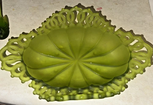 RARE Vintage Green Frosted Milk Glass Westmoreland Basket Weave Stamped 1946