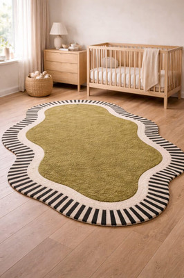 Modern Organic Scalloped Rug - Luxury Moss Green & Striped Wavy Edge Area Rug