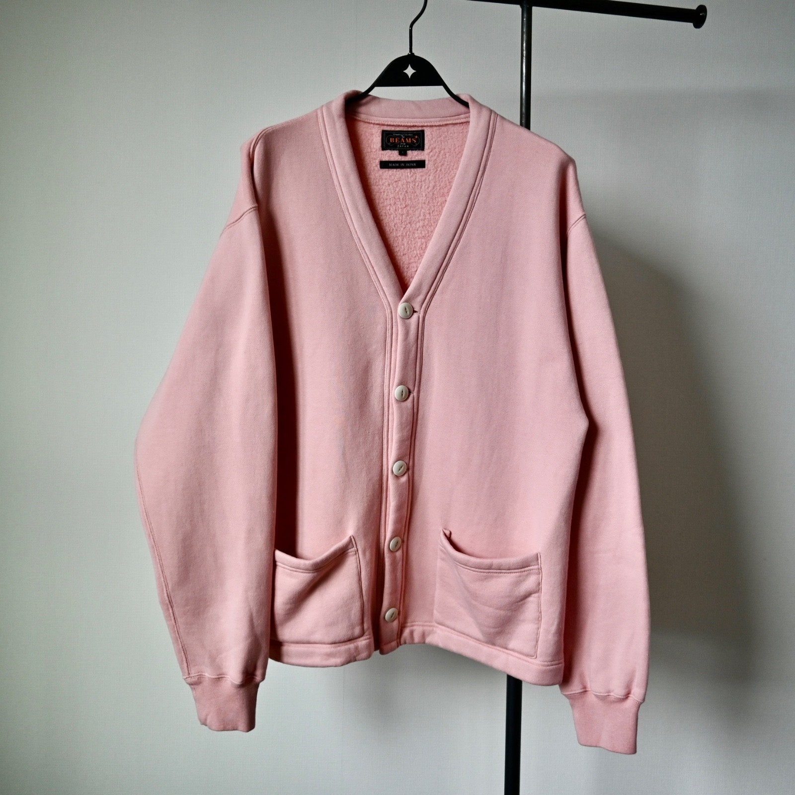 BEAMS Plus soft-fleeced sweat V cardigan, light pink, made in Japan,  size L