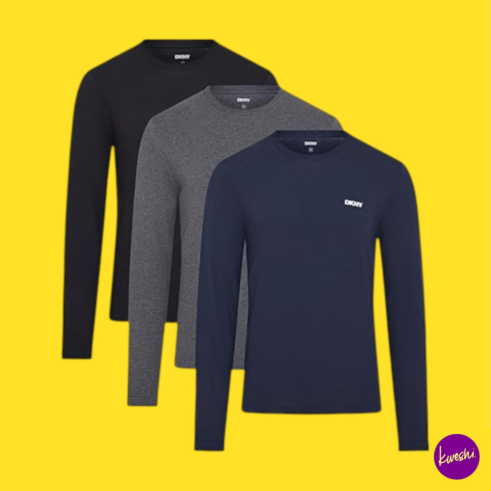 DKNY Men's Longsleeve T-Shirts Set of 3, Cotton, Navy/Charcoal/Black, UK L