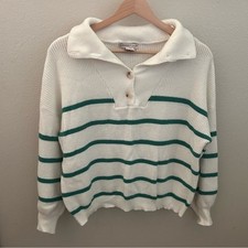 Preppy Striped Polo Collared Button Knit Sweater - Green  White Size Medium