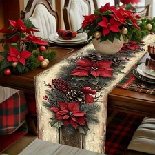 Rustic Christmas Table Runner Poinsettia Pinecone Festive Dining Table Decor