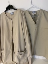 Landau Scrub Top And Lab Jacket Unisex Tan Color Size Large