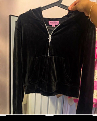 Juicy Couture Women's Black Velour Full Zip Hoodie Logo Pockets Size S