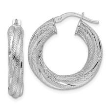 14k White Gold 4.7mm Textured Twisted Round Hoop Earrings L-24.9 mm, W-23.6 mm