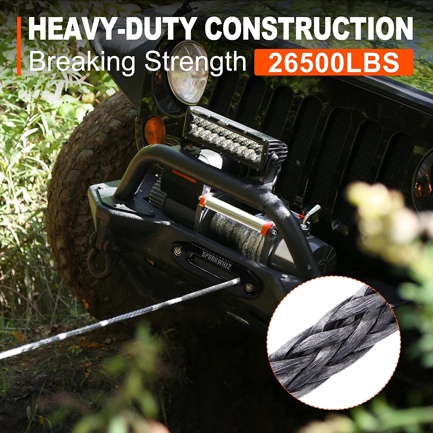 SPARKWHIZ 3/8"x100FT 26500LBS Synthetic Winch Rope Cable Kit Winch Line Cable US