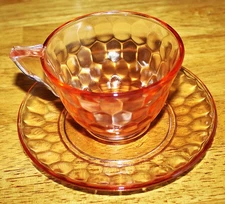 Jeanette Glass Co ~ HEX OPTIC "HONEYCOMB" PINK CUP AND SAUCER SET 1928-1932 VGUC