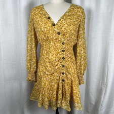 Lulus Dianella Yellow Floral Sheer Long Sleeve Mini Dress Sheath Skirt Sz Medium