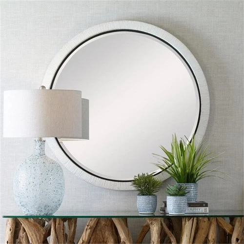 Uttermost Granada Round Contemporary Rattan and Iron Mirror in White - Picture 1 of 8