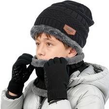 Kids Hat Scarf Gloves Set Knitted Beanie Fleece Lining Touchscreen Boys Girls