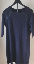 ~TALBOTS Petite med Navy Knit Lace Up 3/4 Sleeve Sheath Dress Knee Length~Cotton