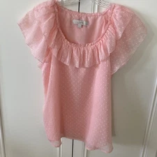 LOFT Pink Ruffle Swiss cut dot babydoll pink top  size LP