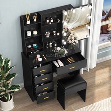 Dressing Table Black Vanity Desk and Stool with 10 LED Lights Mirror Makeup Desk
