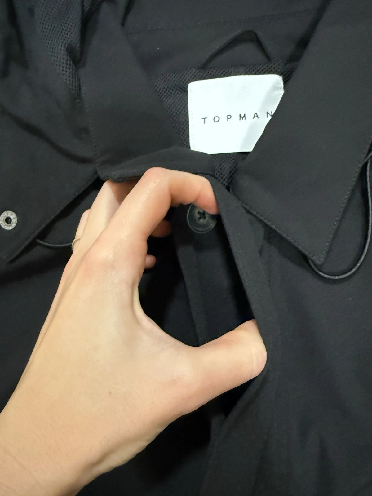 Topman Men's Black Long Parka Coat XL Hooded Button Zip Polyester Lined - product detail image 3