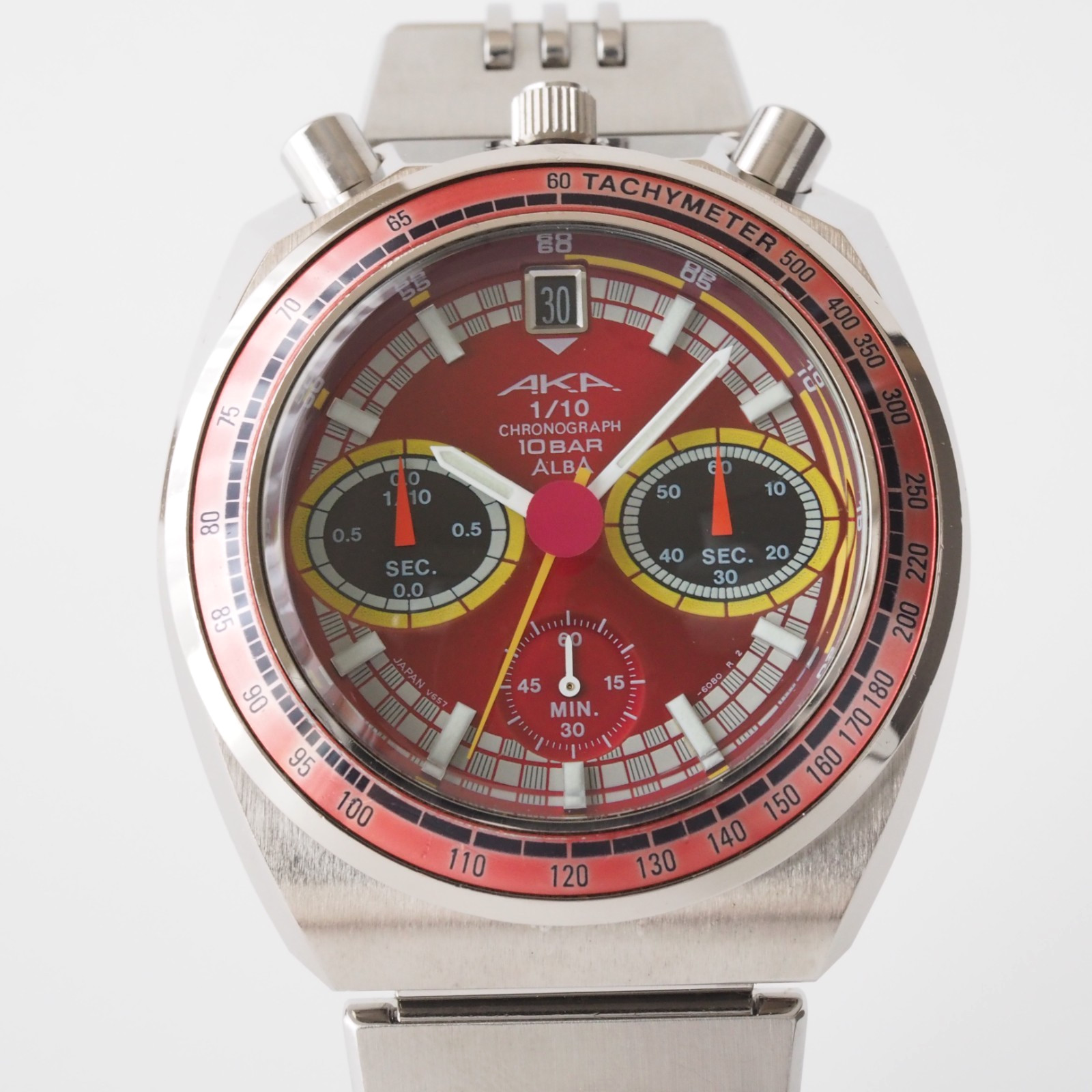 SEIKO ALBA AKA Bullhead V657-6060 Quartz Chronograph Red Dial Vintage image 2