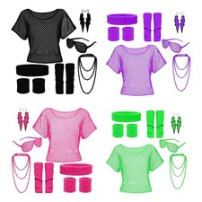 80s Fancy Dress Costume Accessories Headband Earrings Fishnet Shirt Necklace