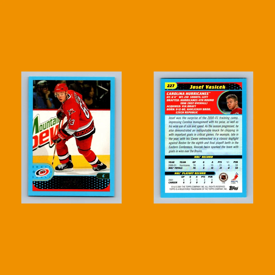Josef Vasicek #227 2001 Topps Carolina Hurricanes Hockey Card NHL NM - Image 3 of 3