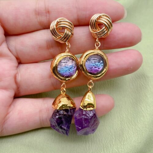 Natural Amethyst Rough Purple Murano Glass Dangle Drop Earrings Jewelry Femme - Picture 6 of 6