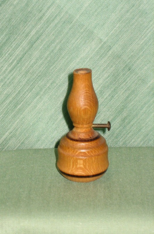 1940's HAND TURNED WOOD MINIATURE KEROSENE LAMP MARKED WITH LOCAL & DATE  (D)