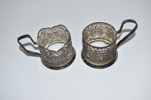 USSR VINTAGE TEA GLASS CUP HOLDER SET- SILVER? SILVERPLATE? 187g (XDV77)