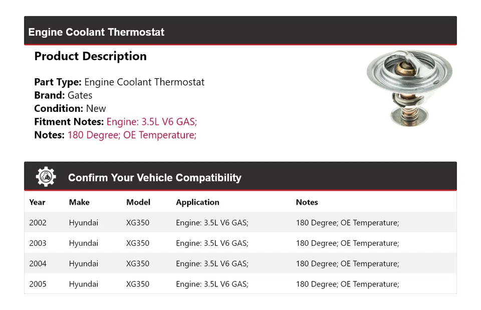Para Hyundai XG350 2002-2005 3,5 L V6 Motor Gas Refrigerante Termostato Puertas 2003 Foto 2 de 4