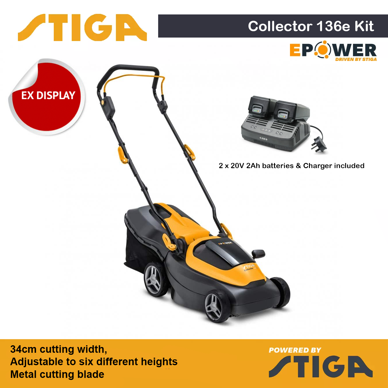 EX Stiga Collector 136e Kit Cordless Lawnmower 35L Grass Box 2 x 2ah Batteries