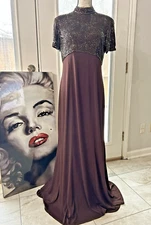 Oleg Cassini Black Tie Beaded Long Dress Evening Formal Party Wear Brown Sz 10