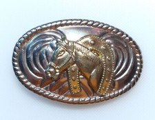 WESTERN Cowboy Cowgirl BELT BUCKLE Raised HORSE  HORSESHOE Gold  Silver Nice 