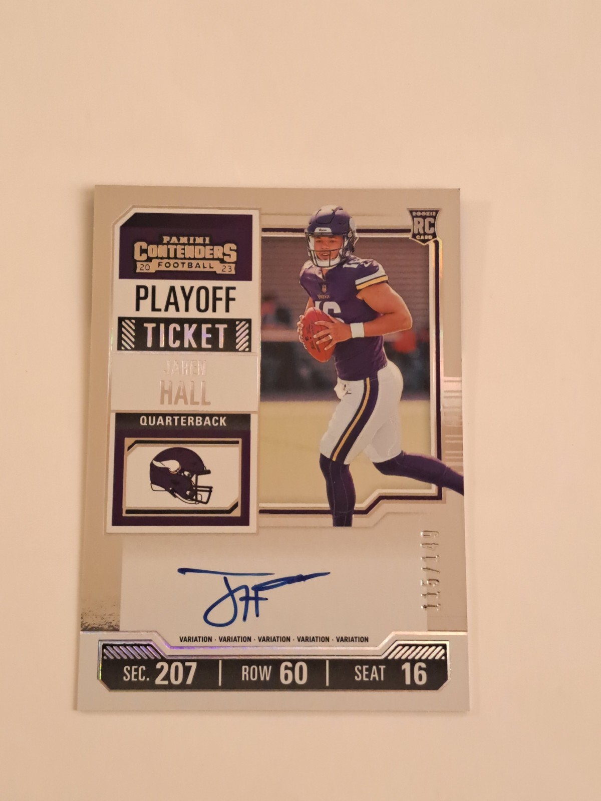 2023 Panini Contenders Jaren Hall Playoff Ticket Rookie Auto #/149 On Card Auto