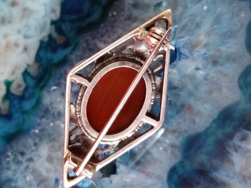Vintage Silver 925 Brooch Carnelian Cabochon Stone - Bernard Instone Style + Box - Picture 7 of 10
