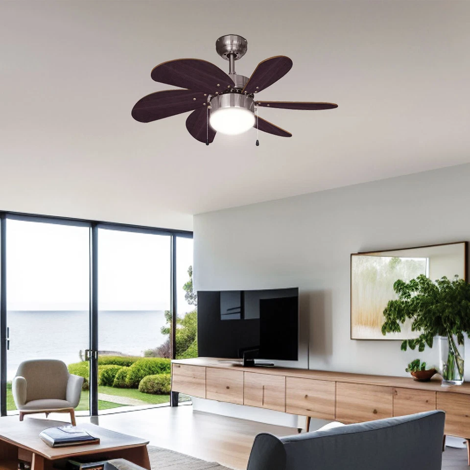 Ventilatore da Soffitto Lampada Legno Argento Vor-Rücklauf Interruttore Tirare - Immagine 4 di 4