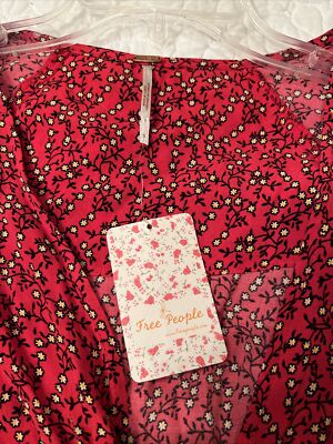 Free People Women's Clara Floral Mini Tunic Dress S Red 3/4 Sleeve Wrap Viscose