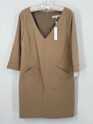 Trina Turk Dress Women's 10 Camel Polyester Stretch Long Sleeve V-Neck Pullover
