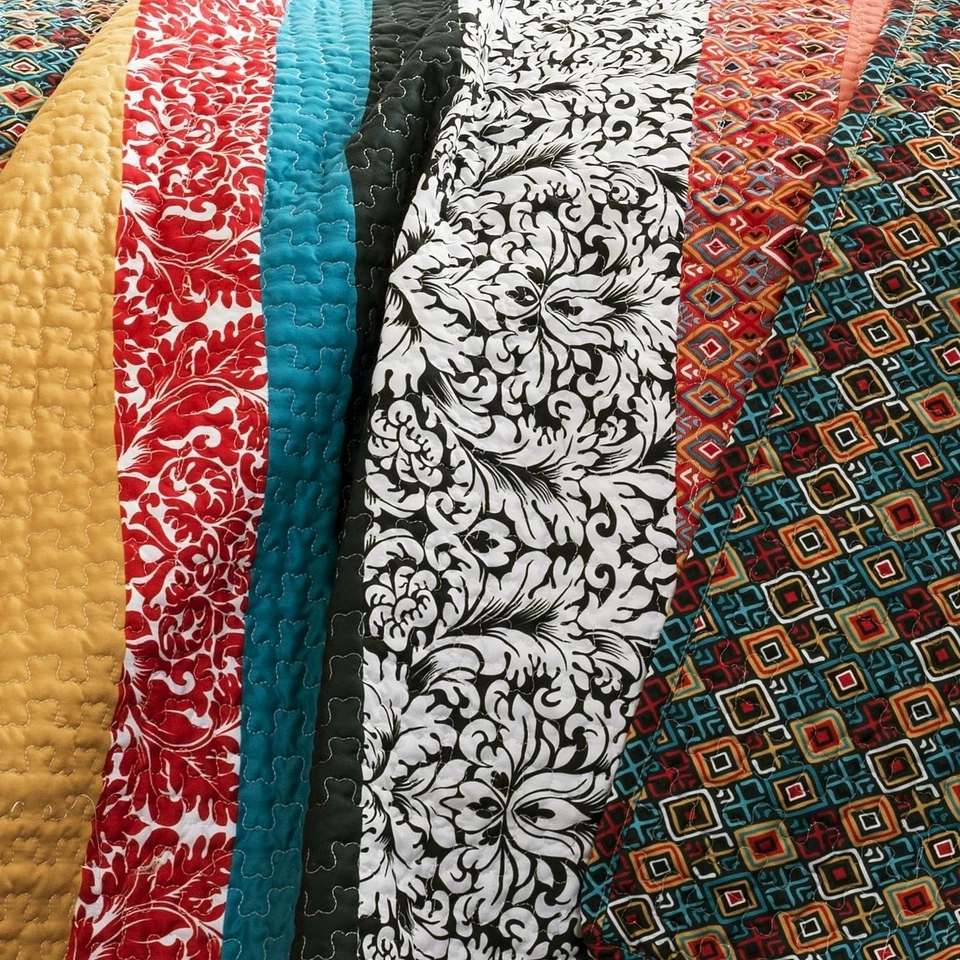 Juego de edredón de 3 piezas tamaño king en moderno patrón floral geométrico a rayas coloridas Foto 3 de 3