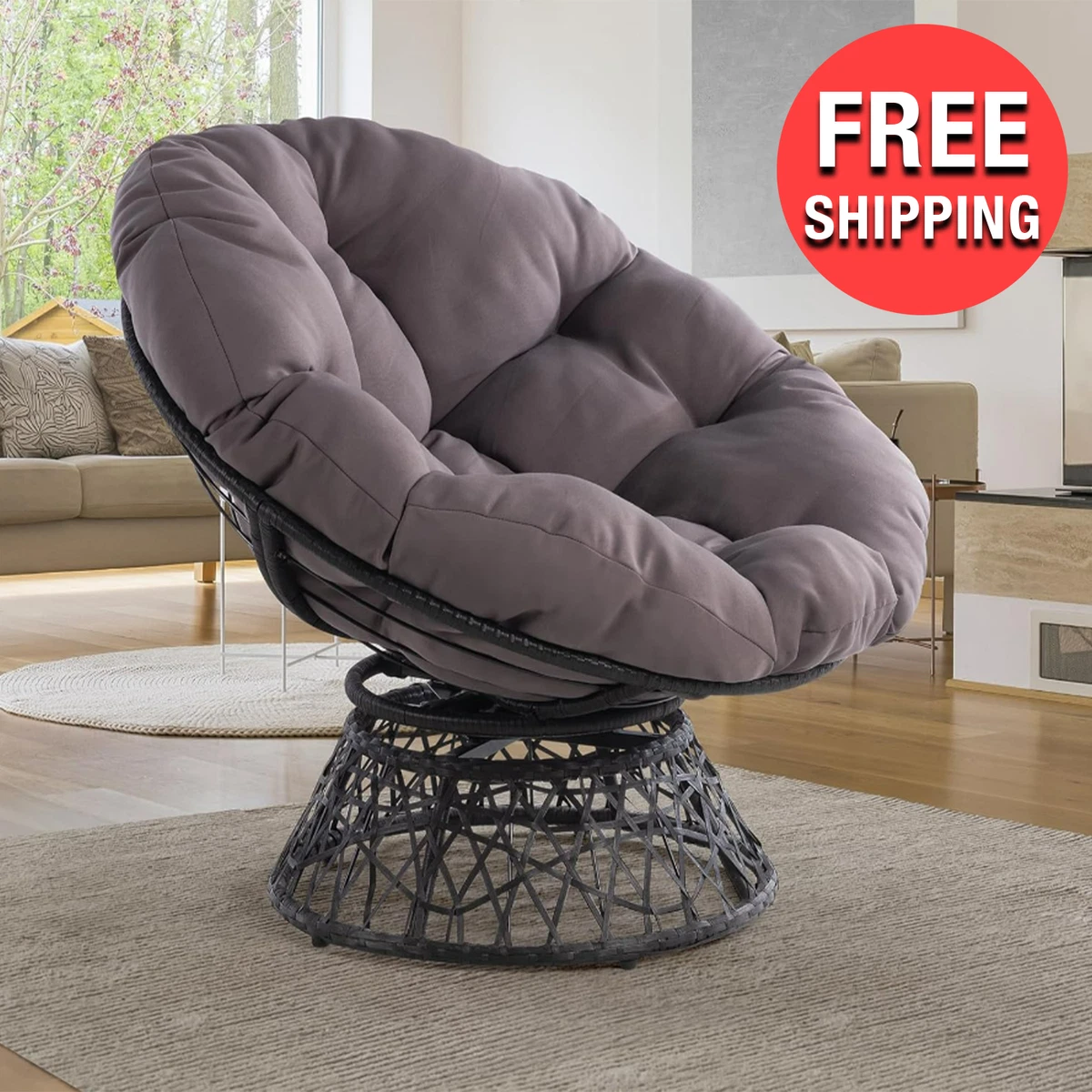 1-Person Papasan Chair Wide Seat Cushion Modern Living Room Bedroom Bowl  Style