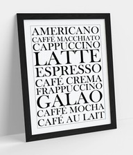 COFFEE DRINKS CLASSY TYPOGRAPHIC ARTWORK -FRAMED WALL ART POSTER PAPER PRINT