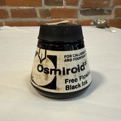 VINTAGE GLASS BOTTLE OF OSMIROID BLACK INK, 2 FLUID OUNCES, CALLIGRAPHY
